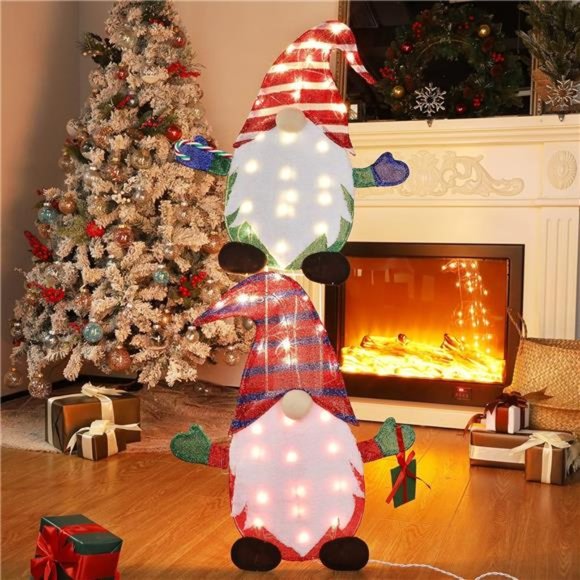 2 Pack Pre-Lit Light Up Gnomes, 50 Lights Lighted Gnome Christmas Decoration - Picture 6 of 6